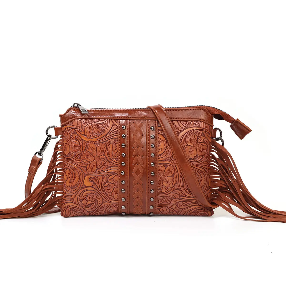 Bohemian PU Crossbody Bag with Western Fringe Tassels & Zipper Closure
