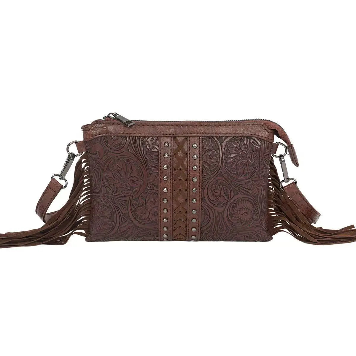 Bohemian PU Crossbody Bag with Western Fringe Tassels & Zipper Closure