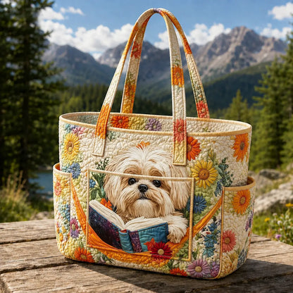 Shih Tzu Reading Book Floral Multiple Pockets Quilted Tote Bag