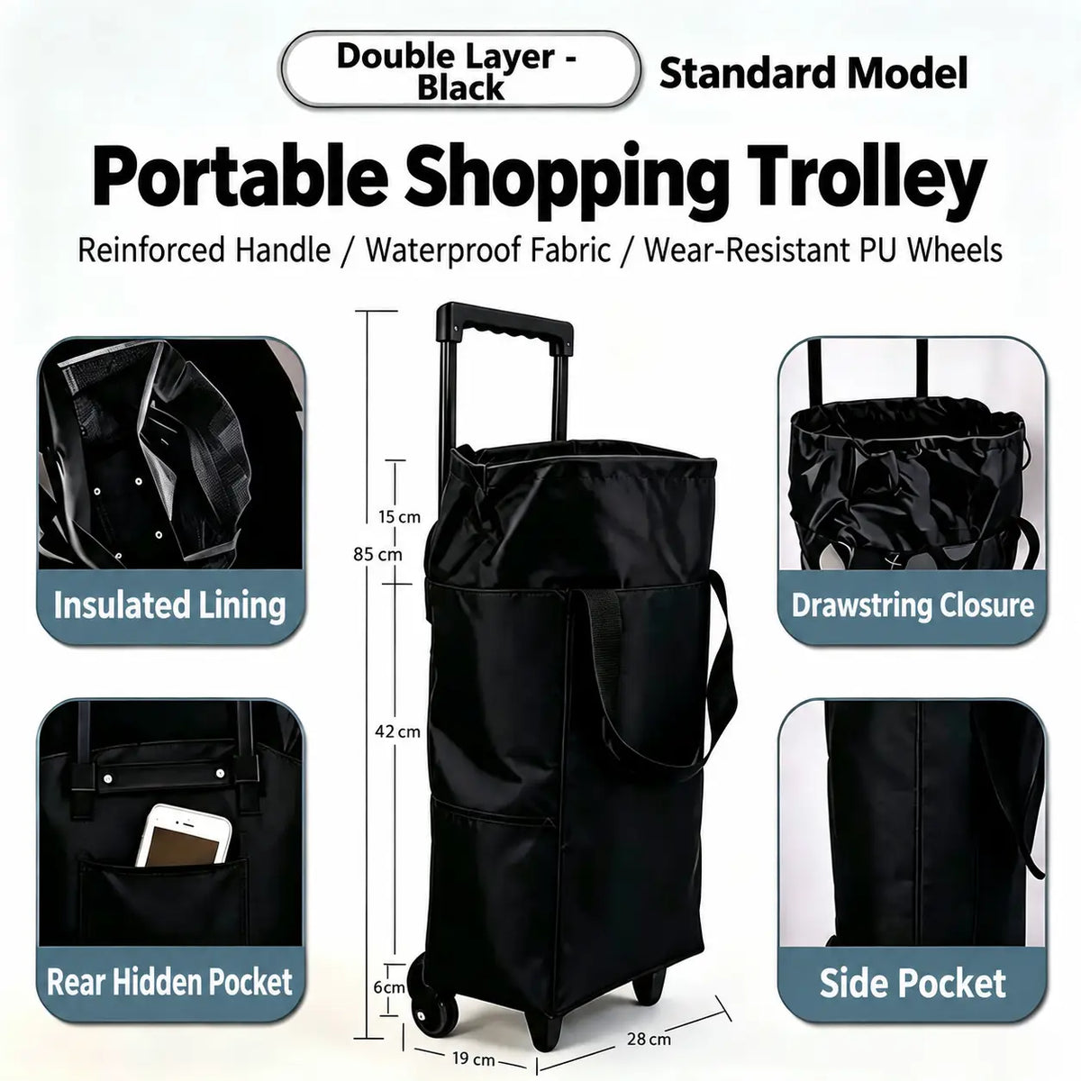 2-in-1 Folding Oxford Shopping Cart with 360° Swivel Wheels