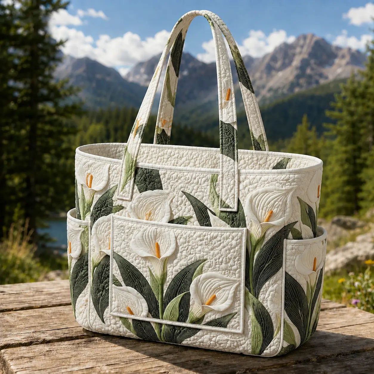 White Calla Lily Multiple Pockets Quilted Tote Bag