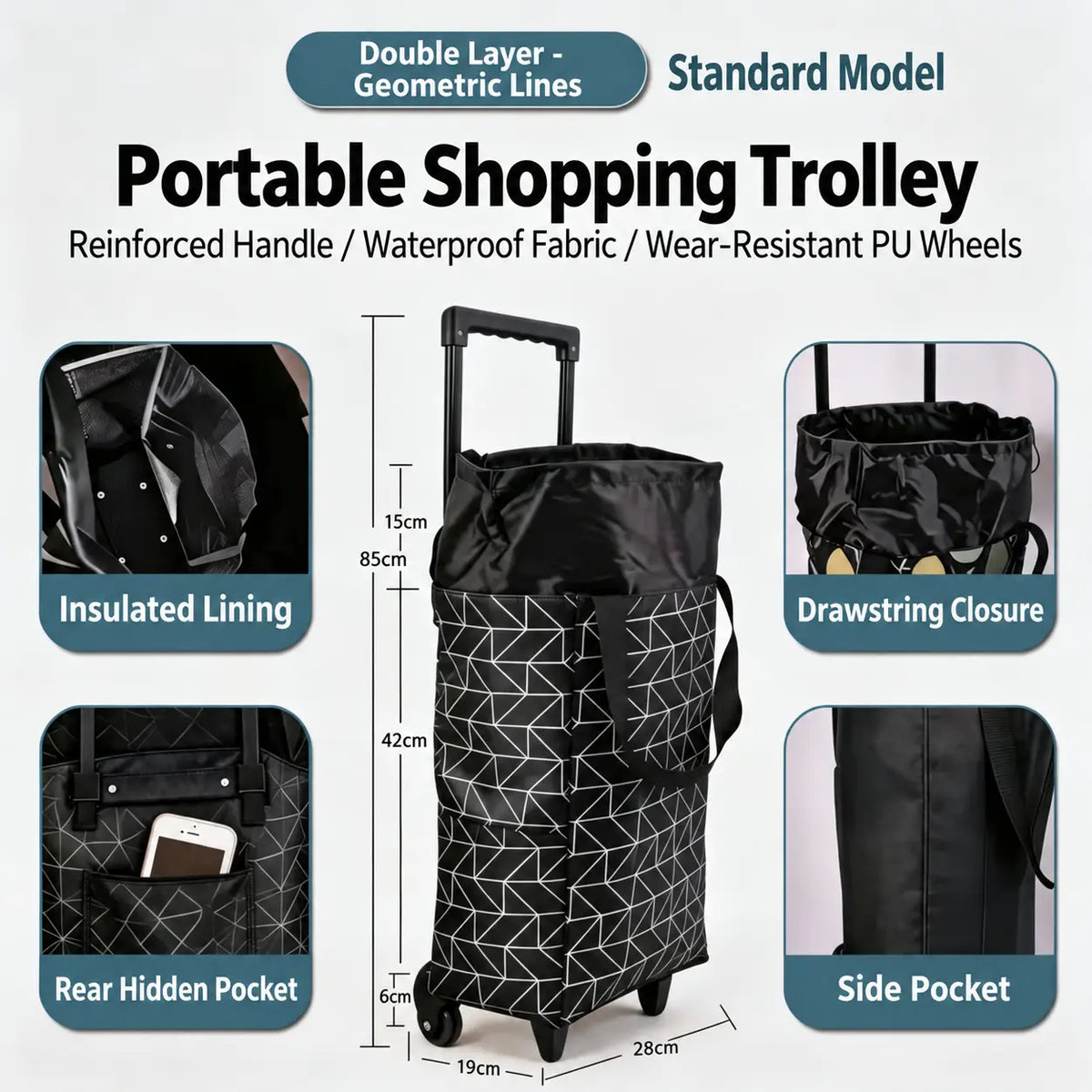 2-in-1 Folding Oxford Shopping Cart with 360° Swivel Wheels