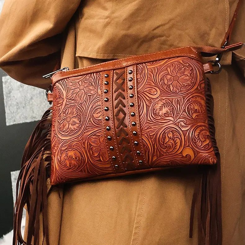 Bohemian PU Crossbody Bag with Western Fringe Tassels & Zipper Closure
