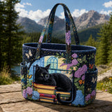 Black Cat Hydrangea Bookish Night Multiple Pockets Quilted Tote Bag