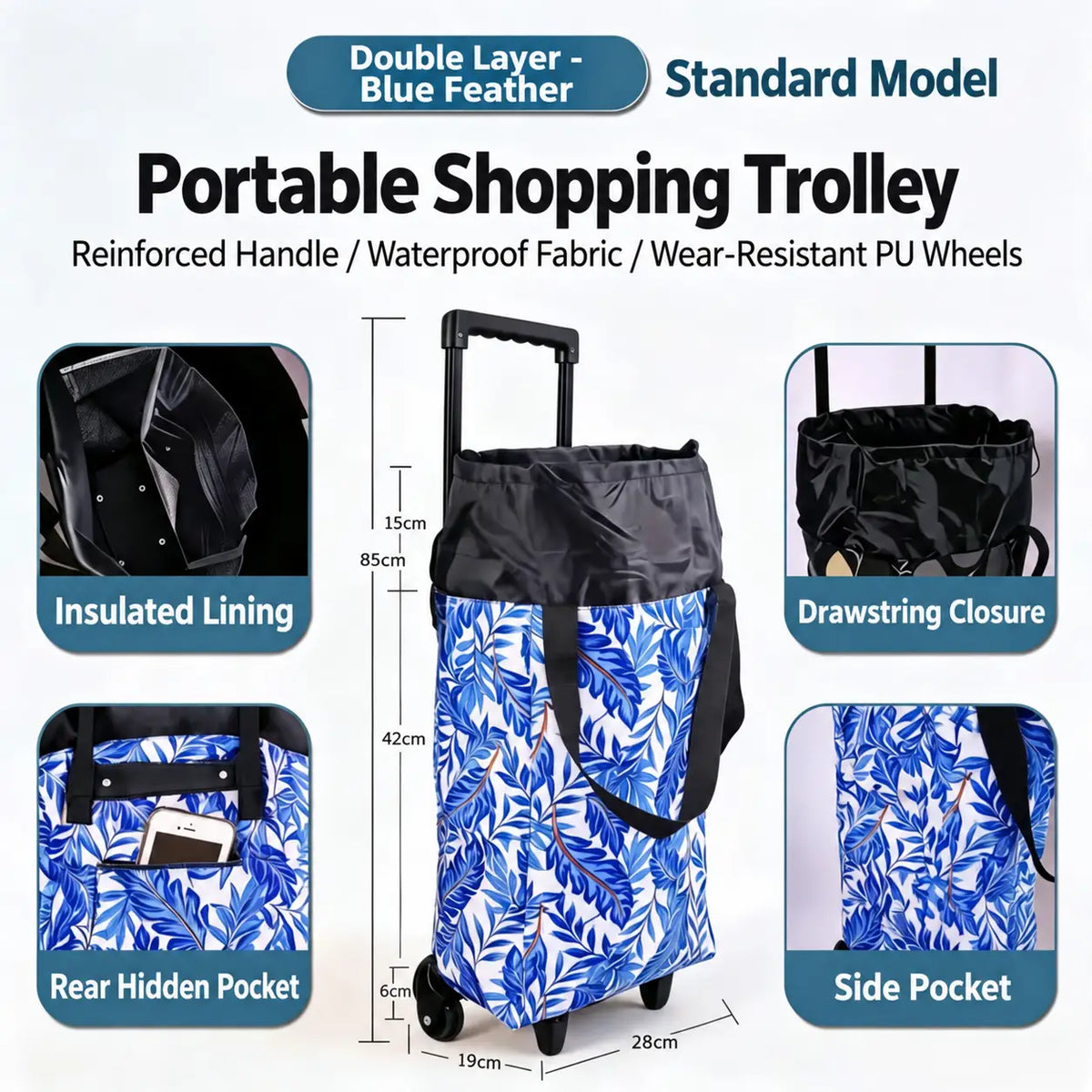 2-in-1 Folding Oxford Shopping Cart with 360° Swivel Wheels