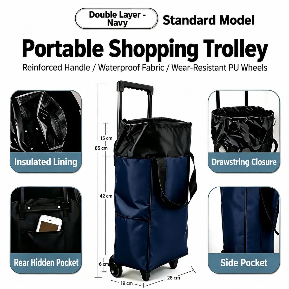 2-in-1 Folding Oxford Shopping Cart with 360° Swivel Wheels