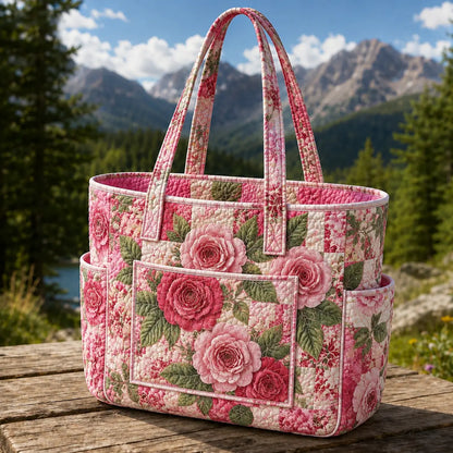 Pink Rose Multiple Pockets Quilted Tote Bag