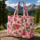 Pink Rose Multiple Pockets Quilted Tote Bag