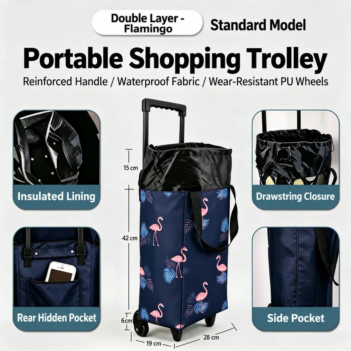 2-in-1 Folding Oxford Shopping Cart with 360° Swivel Wheels