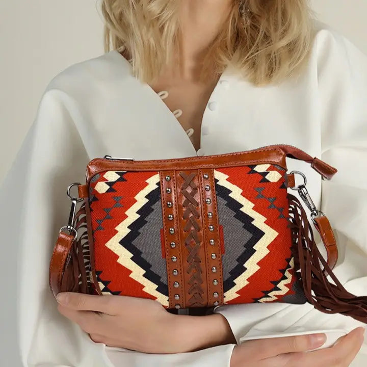 Bohemian PU Crossbody Bag with Western Fringe Tassels & Zipper Closure