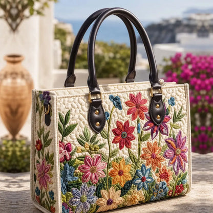 Flower Field Quilted Leather Strap Bible Handbag