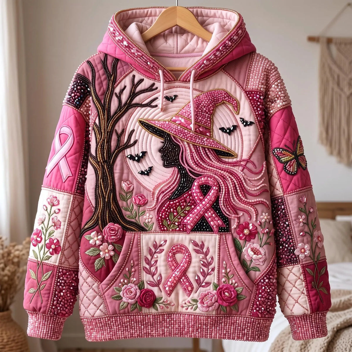 Pink Witch Floral Ribbon Beaded Quilted Casual Hoodie