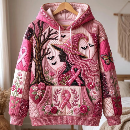 Pink Witch Floral Ribbon Beaded Quilted Casual Hoodie