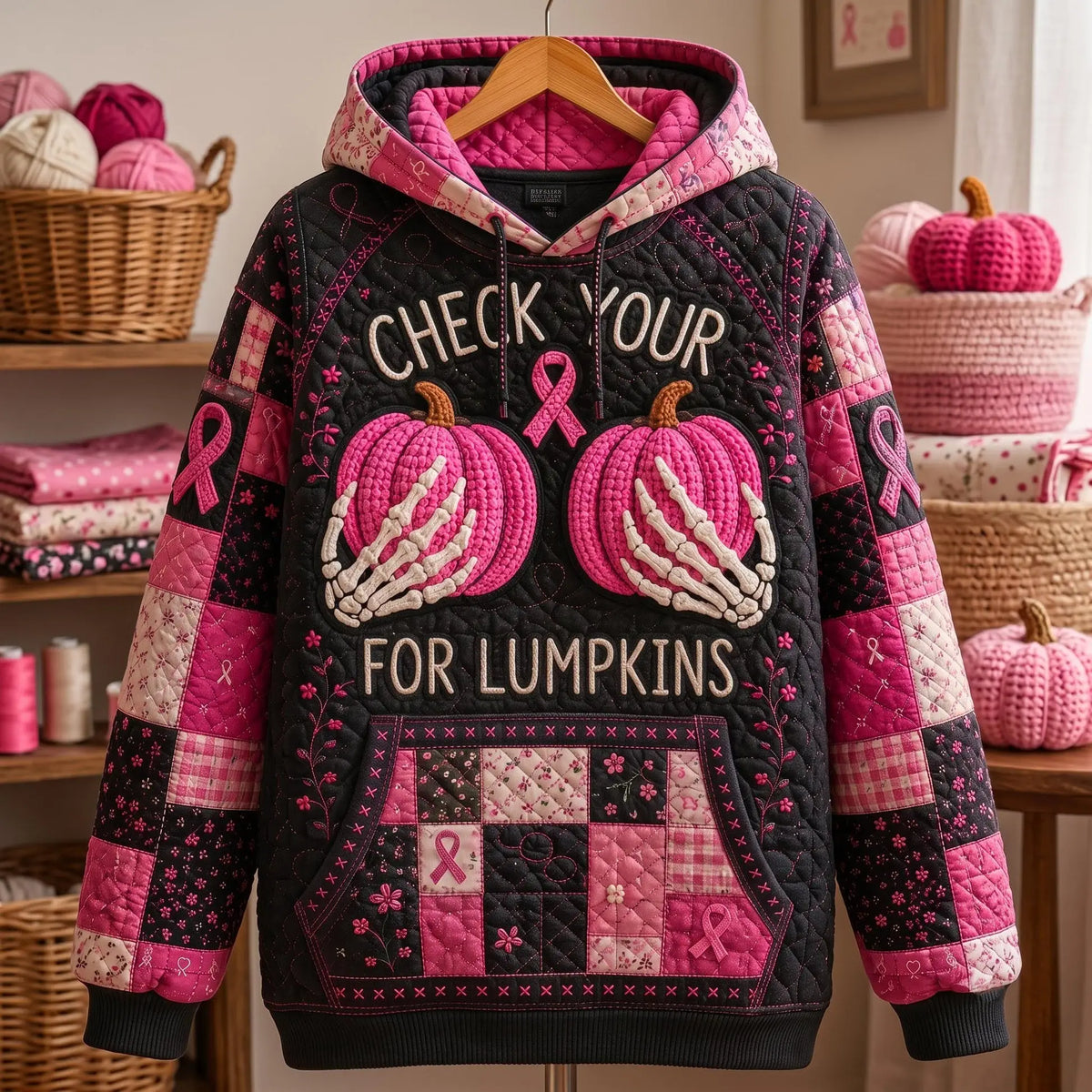 Check Your Lumpkins Pink Pumpkin Quilted Casual Hoodie