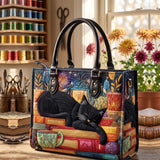 Books And Black Cat Quilted Leather Strap Bible Handbag