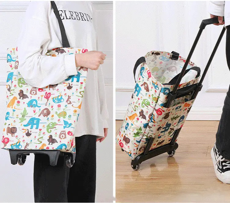 2-in-1 Folding Oxford Shopping Cart with 360° Swivel Wheels