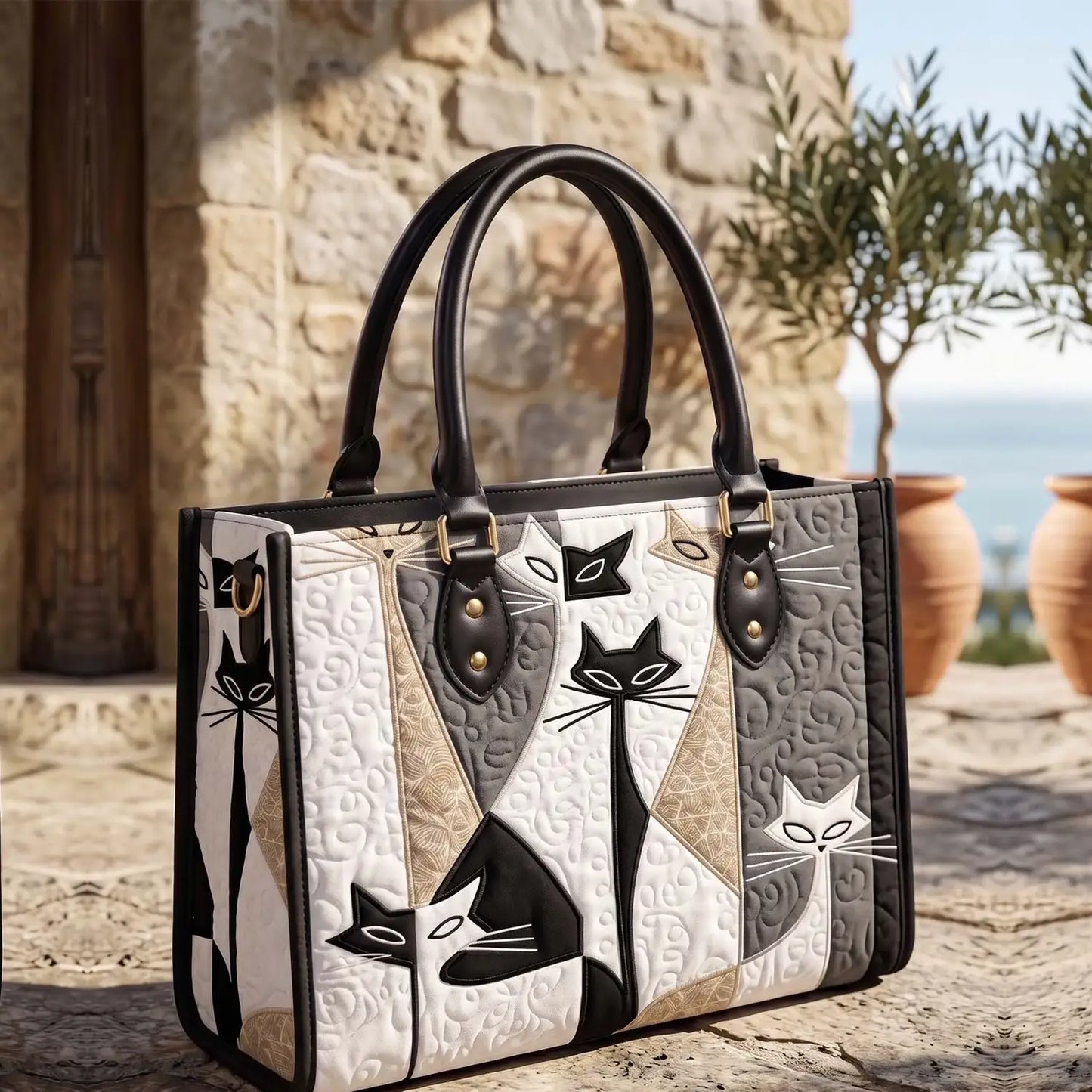 Art Cat Quilted Leather Strap Bible Handbag