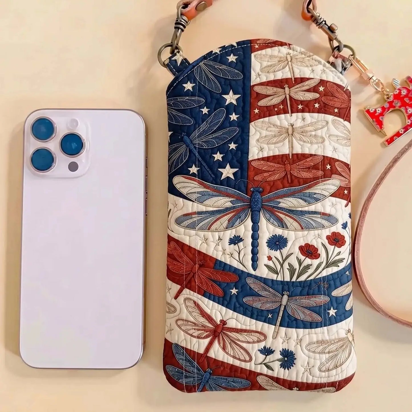 American Flag Dragonfly Floral Quilted Slim Phone Crossbody Bag