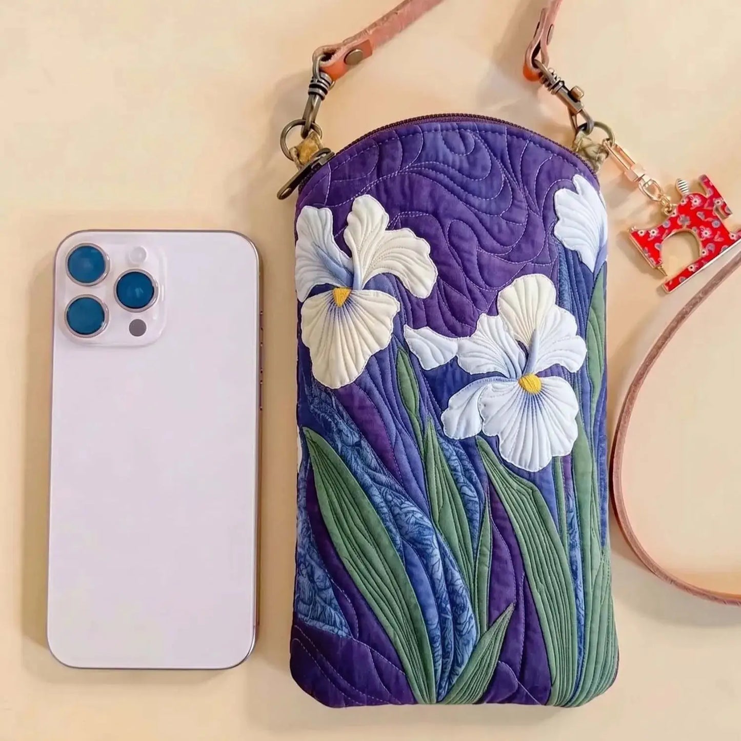 Iris Flower Quilted Slim Phone Crossbody Bag