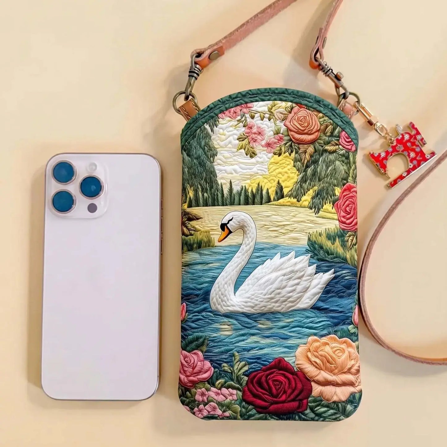 White Swan Quilted Slim Phone Crossbody Bag