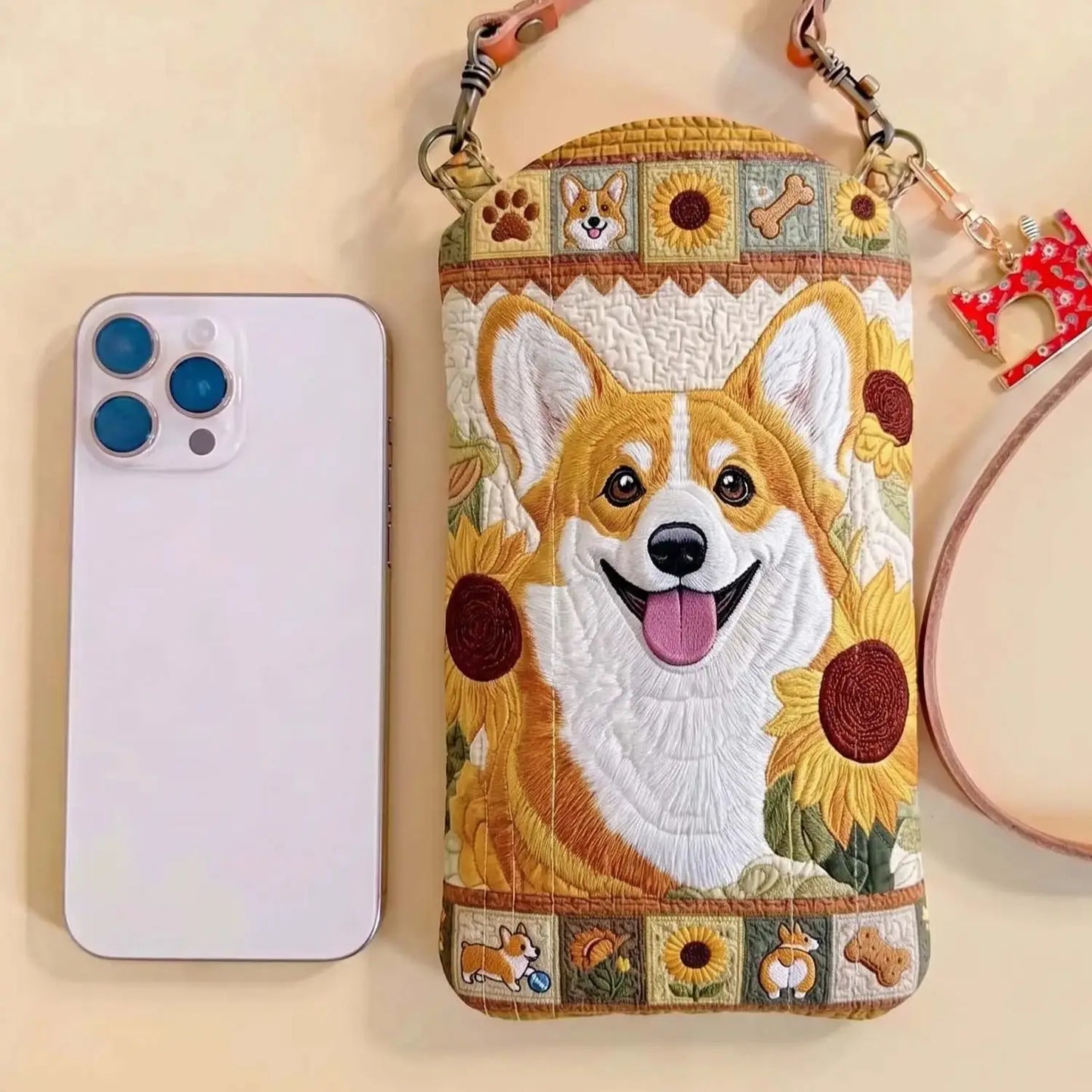 Sunflower Corgi Quilted Slim Phone Crossbody Bag