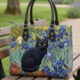 Irises And A Cat Quilted Leather Strap Bible Handbag