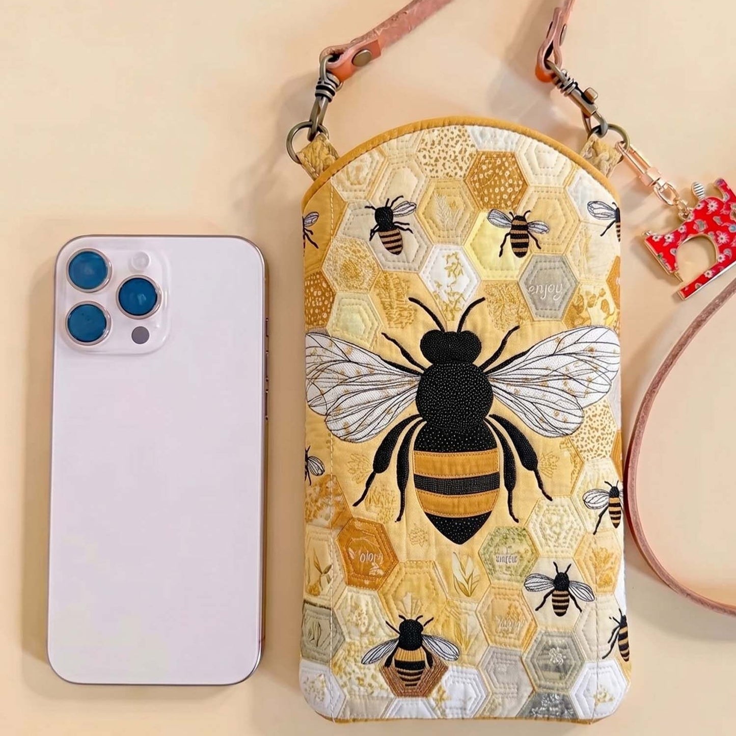 Honeycomb Giant Bee Quilted Slim Phone Crossbody Bag