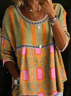 Women's Vintage Colorful Boho Art Print Flowy Linen Blend Casual Tops