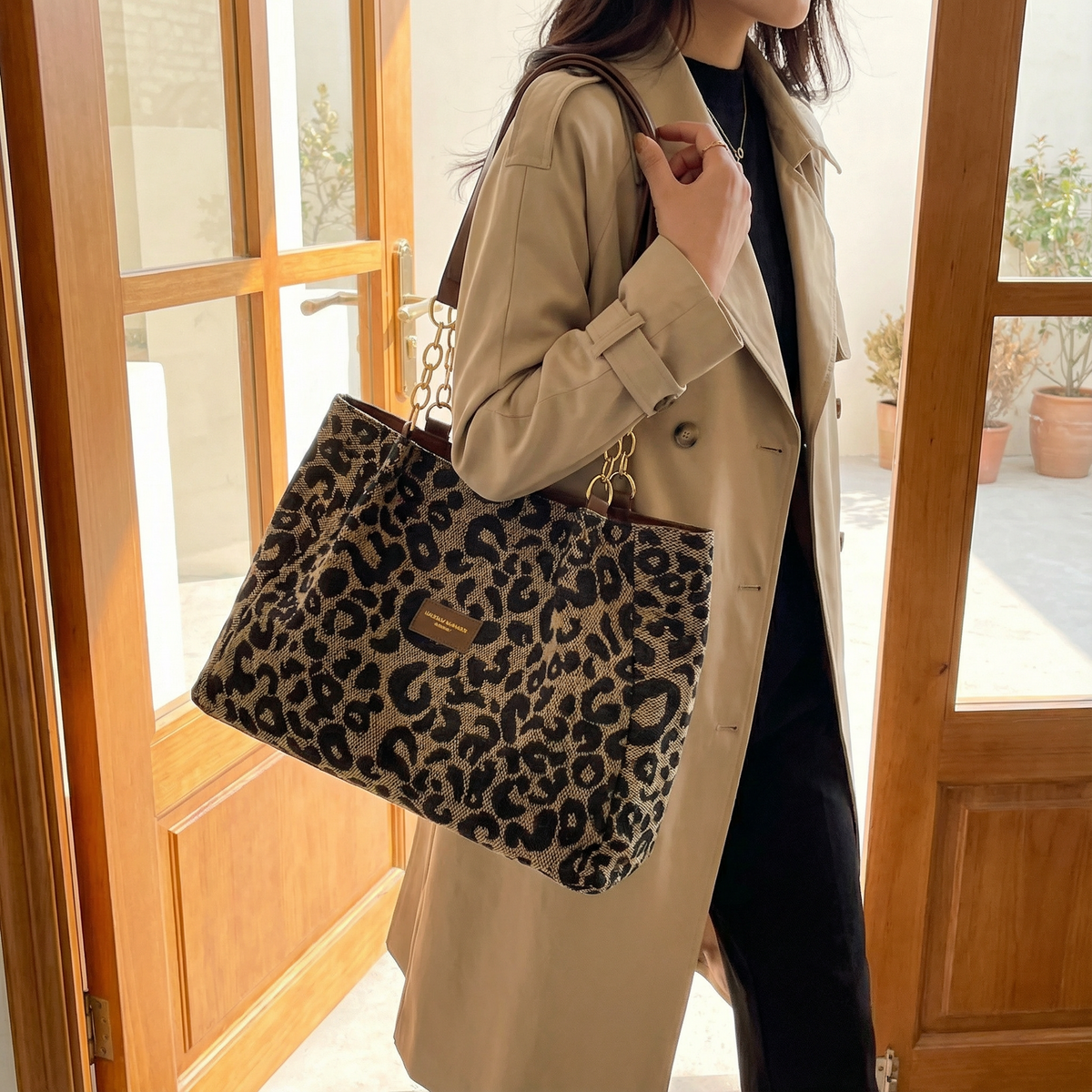 Leopard Print Tote with Chain Detail