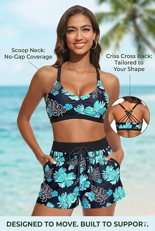 3 Piece Tankini with Shorts - Sporty Swimsuit