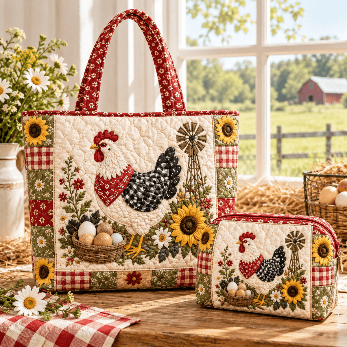 2pcs Farmhouse Country Rooster Quilted Tote Bag Set