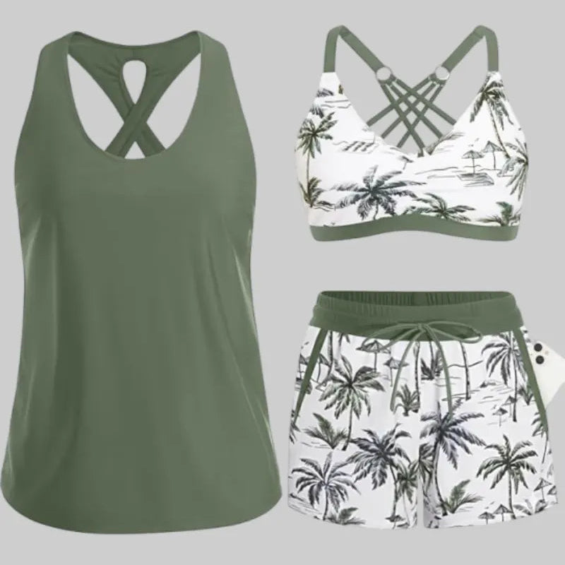 3 Piece Tankini with Shorts - Sporty Swimsuit