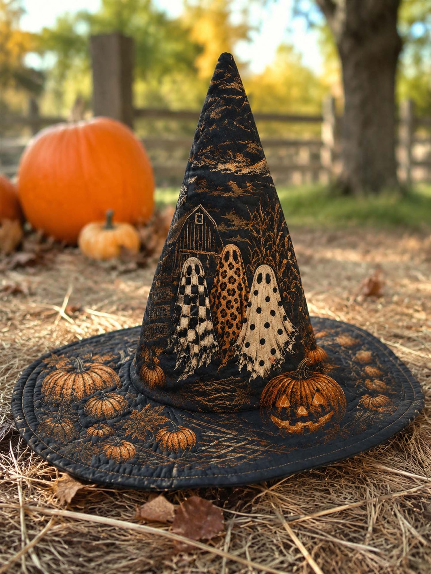 Gothic Halloween Haunted Pumpkin Handcrafted Quilted Witch Hat