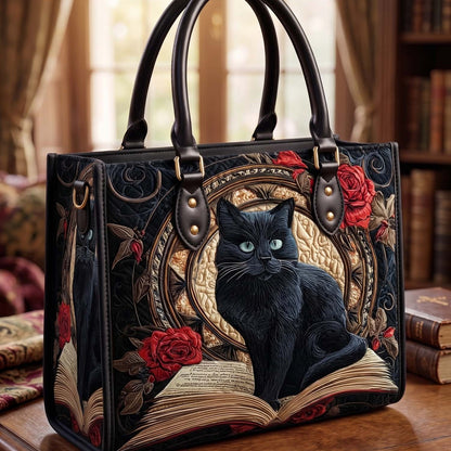 Book And The Black Cat Quilted Leather Strap Bible Handbag