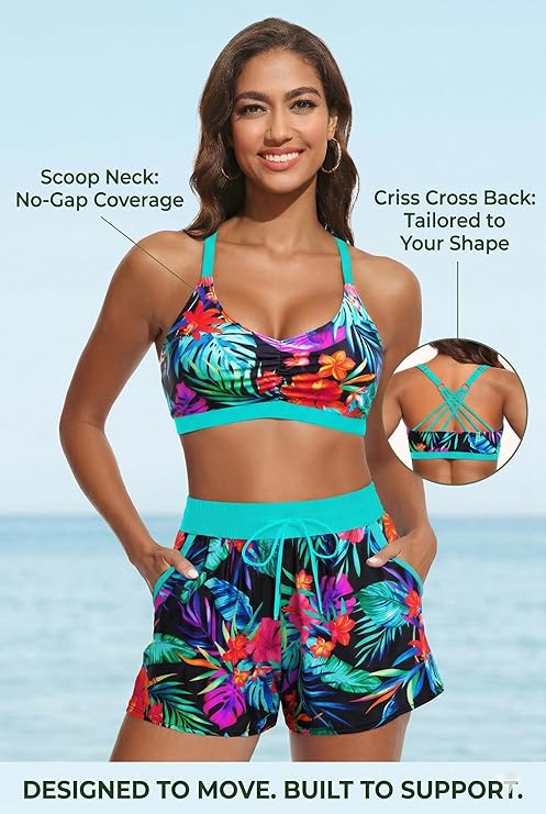 3 Piece Tankini with Shorts - Sporty Swimsuit