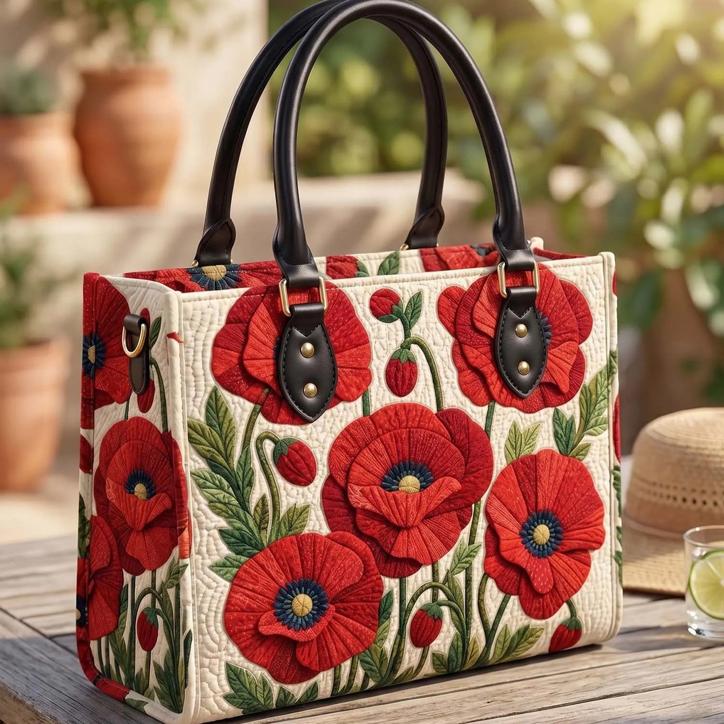 Red Poppy Flower Quilted Leather Strap Bible Handbag