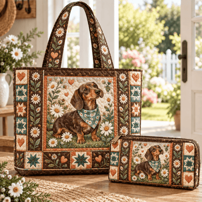 2pcs Dachshund Daisy Garden Quilted Tote Bag Set