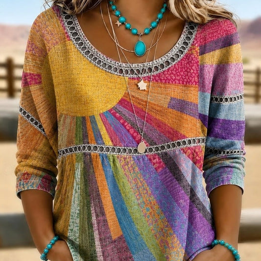 Women's Vintage Colorful Boho Art Print Flowy Linen Blend Casual Tops