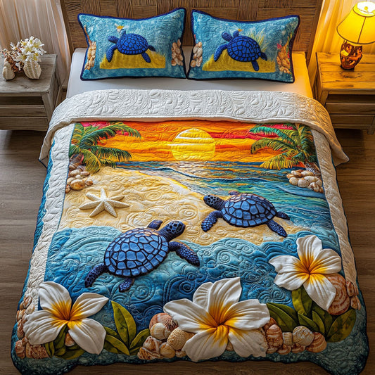 Beach Sunset Sea Turtle Floral Quilted Bedding Set