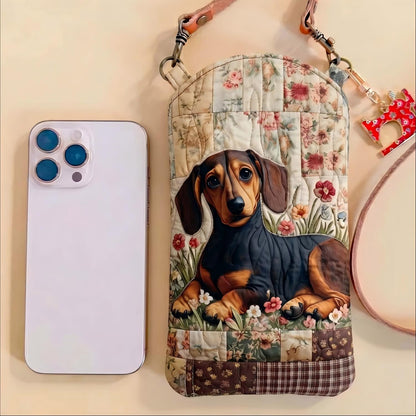 Floral Patchwork Dachshund Quilted Slim Phone Crossbody Bag