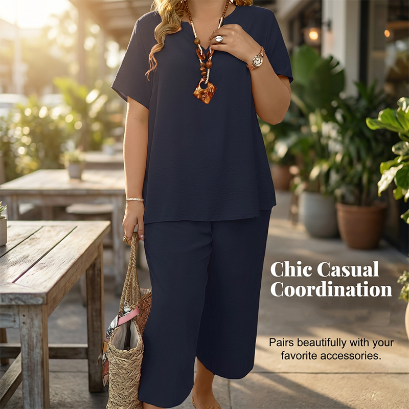 Casual Short-Sleeve Top and Wide-Leg Pants Set