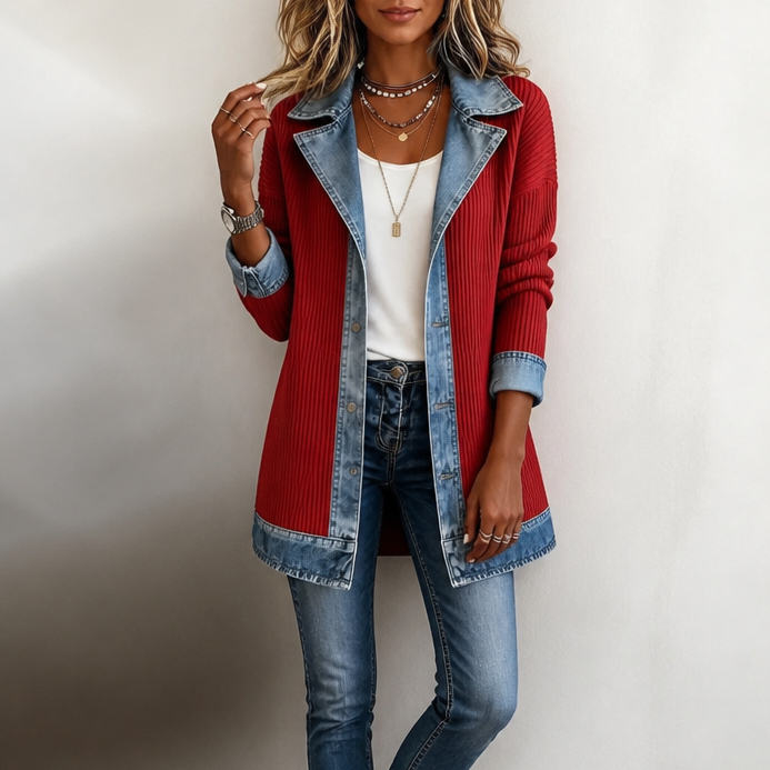Women's Contrast Trim Collared Button Front Ribbed Knit Jacket